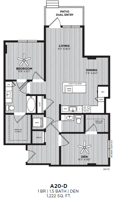 A floor plan of an apartment with a living room, dining room, kitchen, and two bedrooms.